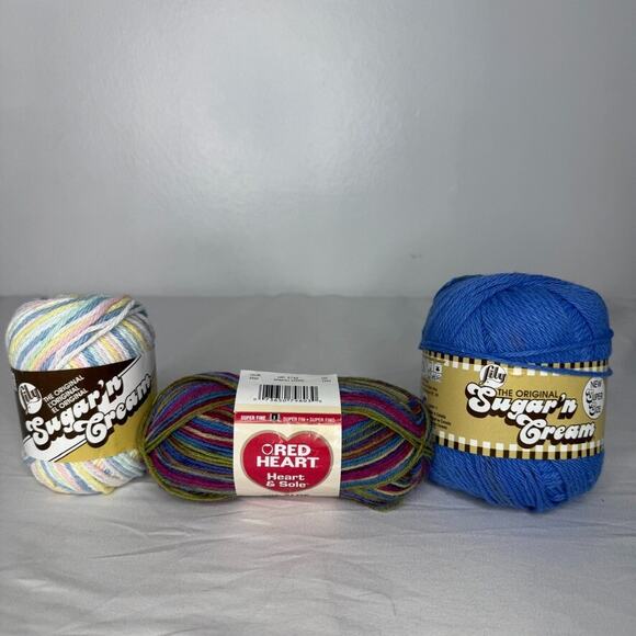 Lot of 3 Yarn Skeins Sugar’n Cream Red Heart Blue Cotton Multi Crafting - Picture 1 of 5